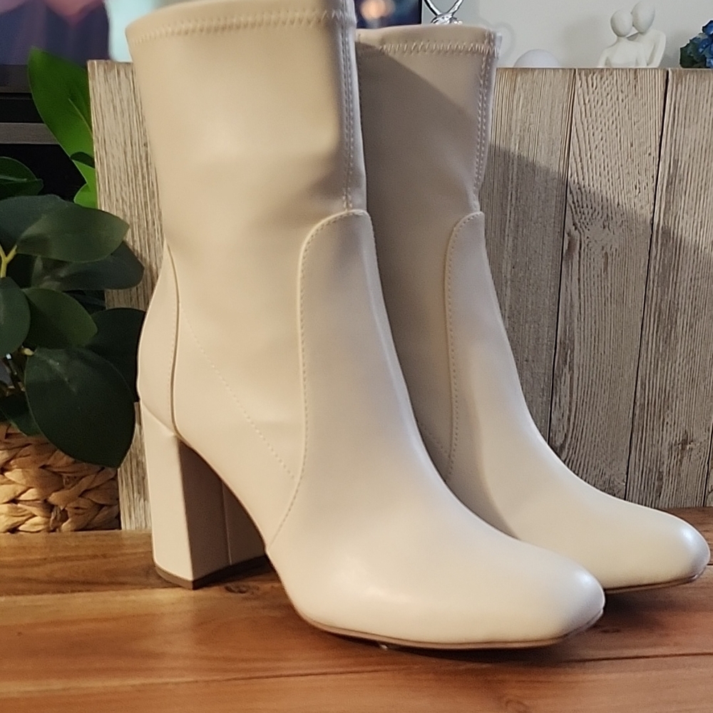 A New Day Cream Heeled Boots with Chunky Block Heel
